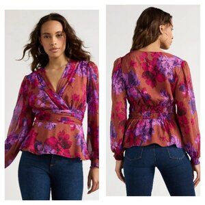 Sofia Vergara Floral Blouse Size XS 0-2 Crinkle Chiffon Lined Peplum Multicolor